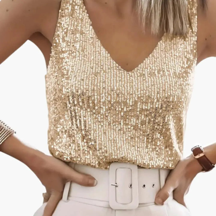 Versatile women's sequin tank, shimmering round neck, perfect as a layering or stand-alone top.