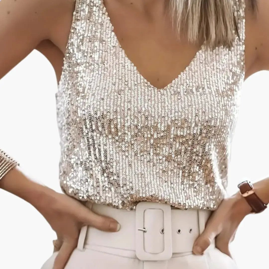 Sparkling women's sleeveless sequin top, perfect for evening events and fashion.