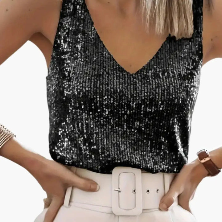 Glamorous round neck sequin tank for women, ideal for parties and special occasions.