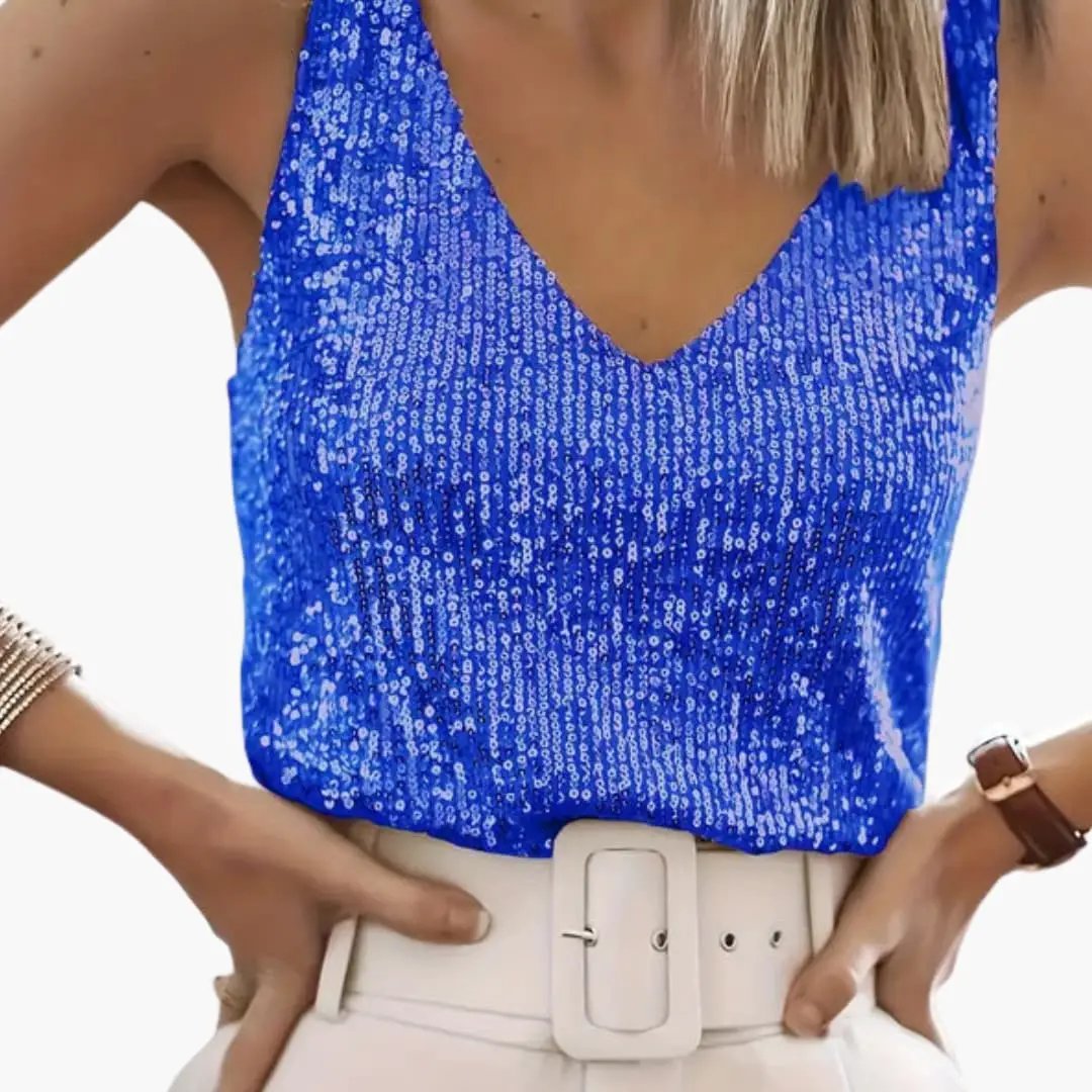 Elegant women's sequin tank top, round neck, offering a dazzling look for summer nights.