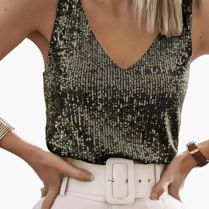 Fashionable women's party top: glittering sequin tank with a classic round neck design.
