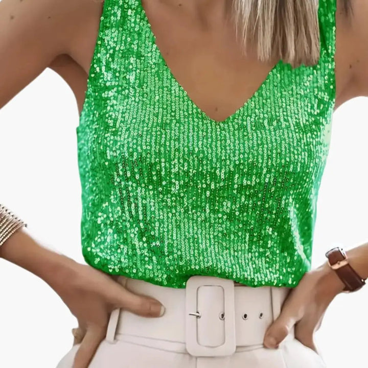 Sleeveless sequin top for women, featuring a round neck, adds sparkle to any outfit.