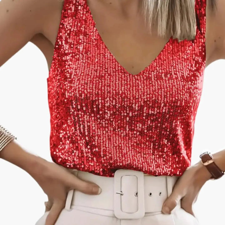 Sparkly round neck women's tank top, fully covered in sequins for a dazzling effect.