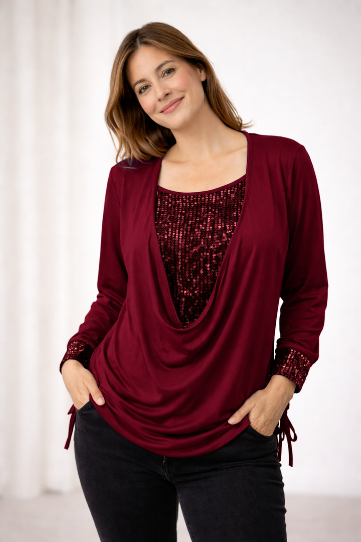 Elegant women's sequined blouse with a luxurious draped neckline. Ideal for glamorous evening wear & parties.