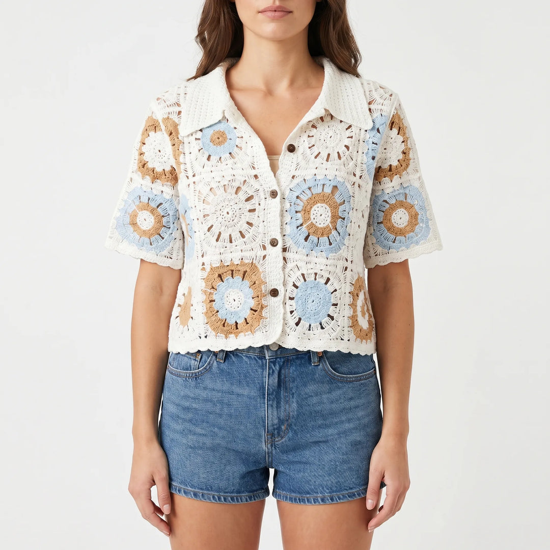 Lightweight women's short-sleeve crochet cardigan, ideal for casual summer fashion, featuring a unique open knit design.