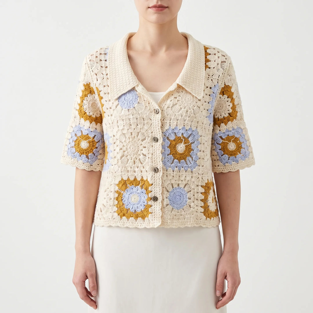 Versatile women's short-sleeve crochet top, a stylish open knit cardigan with button front for summer layering.