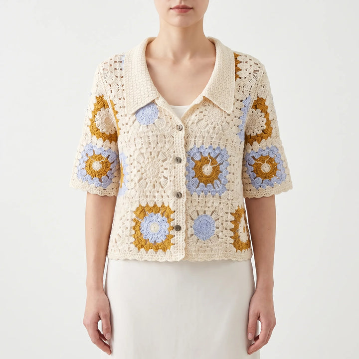Versatile women's short-sleeve crochet top, a stylish open knit cardigan with button front for summer layering.