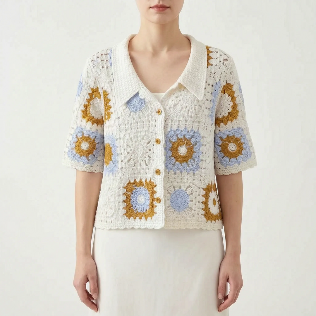 Stylish women's short-sleeve crochet cardigan with a geometric open knit and front buttons, great for summer casual wear.