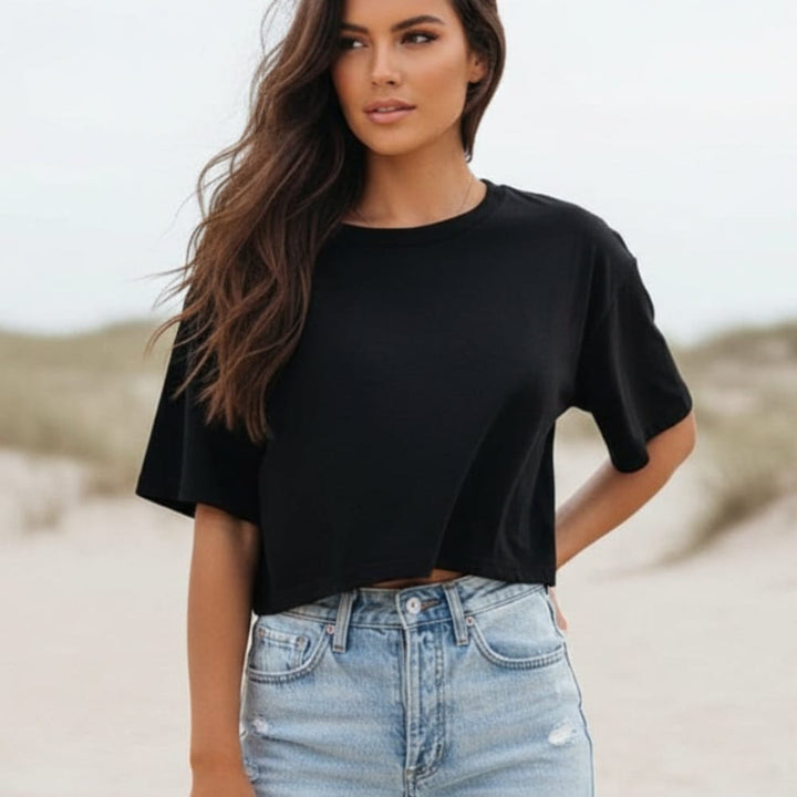 Stylish women's short sleeve crop tee. Perfect casual summer top for a trendy look & everyday comfort.