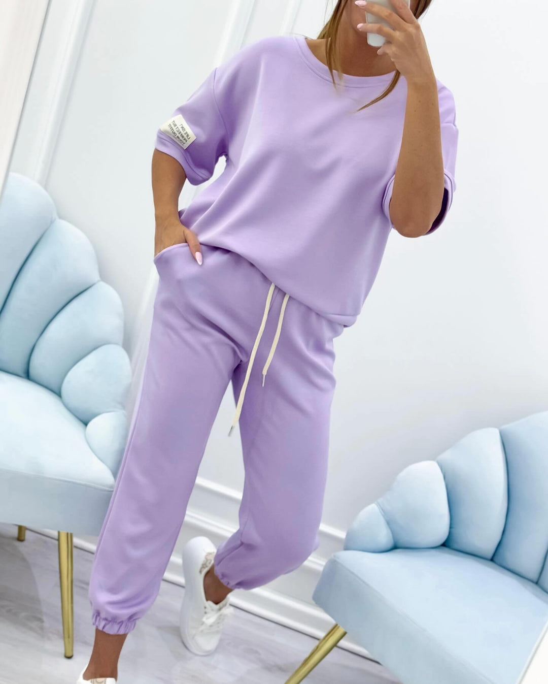 Casual women's short sleeve lounge set. Comfortable, relaxed fit two-piece for everyday or home.