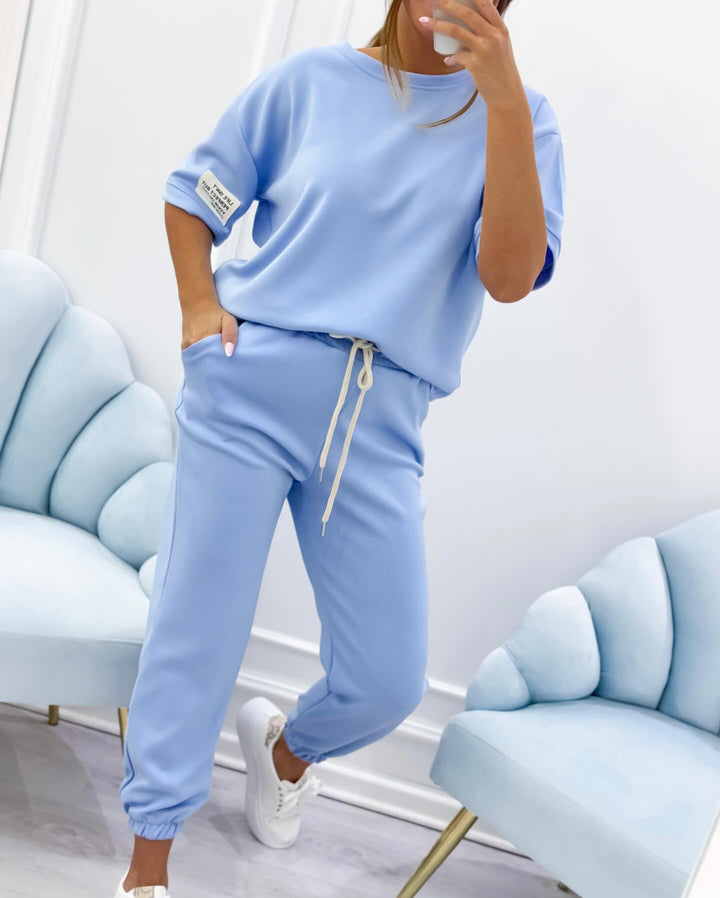 Plus size women's short sleeve lounge set. Relaxed fit, comfortable matching top and shorts.