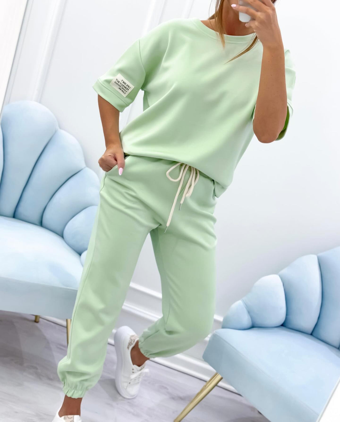 Chic women's short sleeve matching set. Relaxed fit lounge wear, perfect for casual summer days.