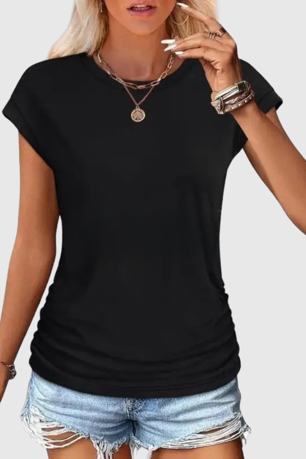 Chic women's short sleeve ruched tunic top. A comfortable, breathable blouse for elegant summer and casual wear.