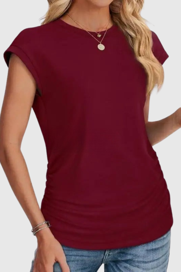 Soft & comfortable women's ruched side tunic top. A relaxed fit short sleeve blouse, perfect for everyday summer style.