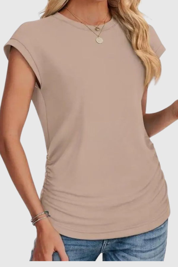 Women's ruched side tunic top. Comfortable short sleeve blouse, ideal for casual wear, summer and everyday style.