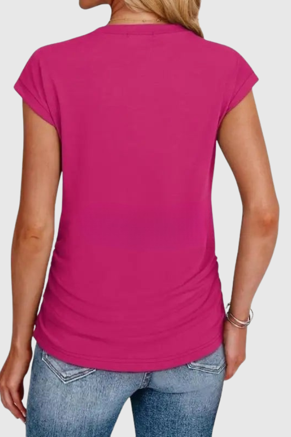 Stylish women's short sleeve tunic with ruched sides. A flattering & comfortable blouse for various casual occasions.