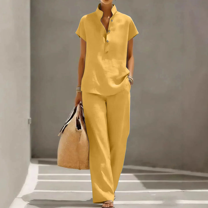 Cozy women's short sleeve two-piece matching lounge set. Ideal for casual wear, home relaxation, or resort comfort.