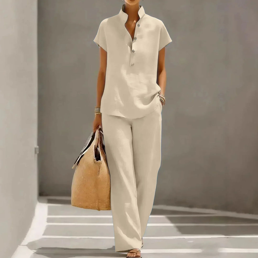 Versatile women's short sleeve two-piece lounge set. Matching top & pants offer casual comfort & relaxed style.