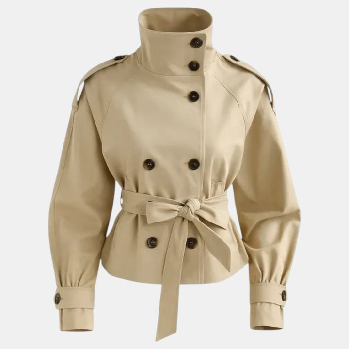 Women's short trench coat with adjustable belt, perfect for lightweight workwear or casual spring/fall outerwear.