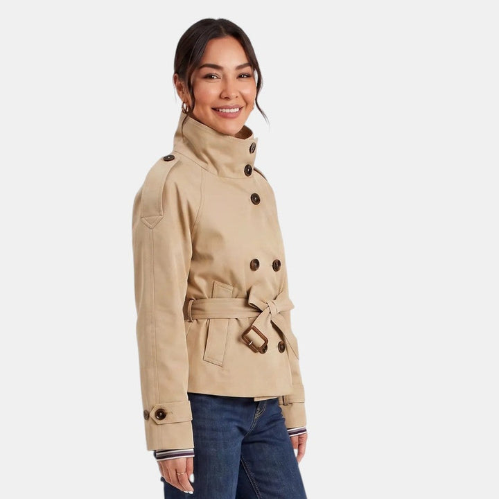 Stylish women's short trench coat, lightweight with an adjustable belt. Excellent for casual outings or professional workwear.