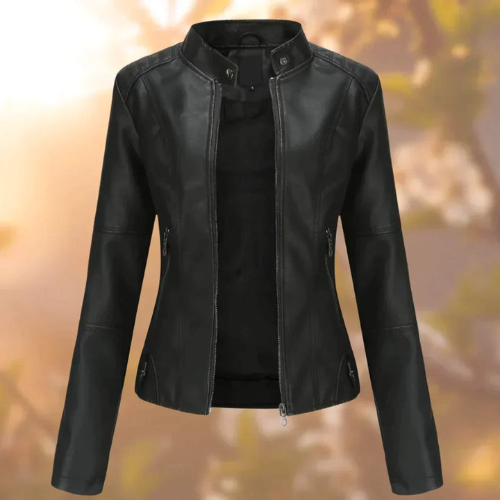 Women's sleek black biker jacket, an edgy and stylish piece of versatile outerwear for fashion-conscious women.