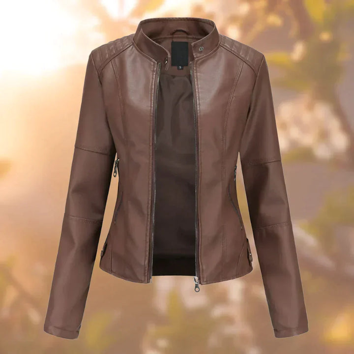 Effortless style: Women's comfortable sleek biker jacket. Versatile outerwear perfect for casual or transitional fashion.