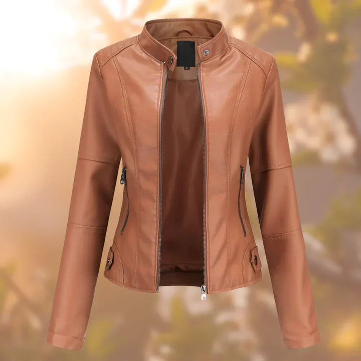 Stylish women's black biker jacket with sleek design, perfect for edgy fashion and versatile transitional outerwear.