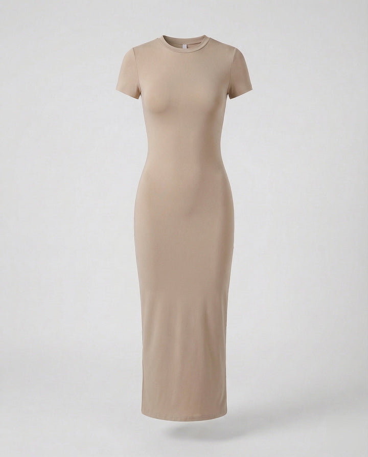 Modern women's crew neck short sleeve maxi dress, a fitted bodycon style for any occasion.