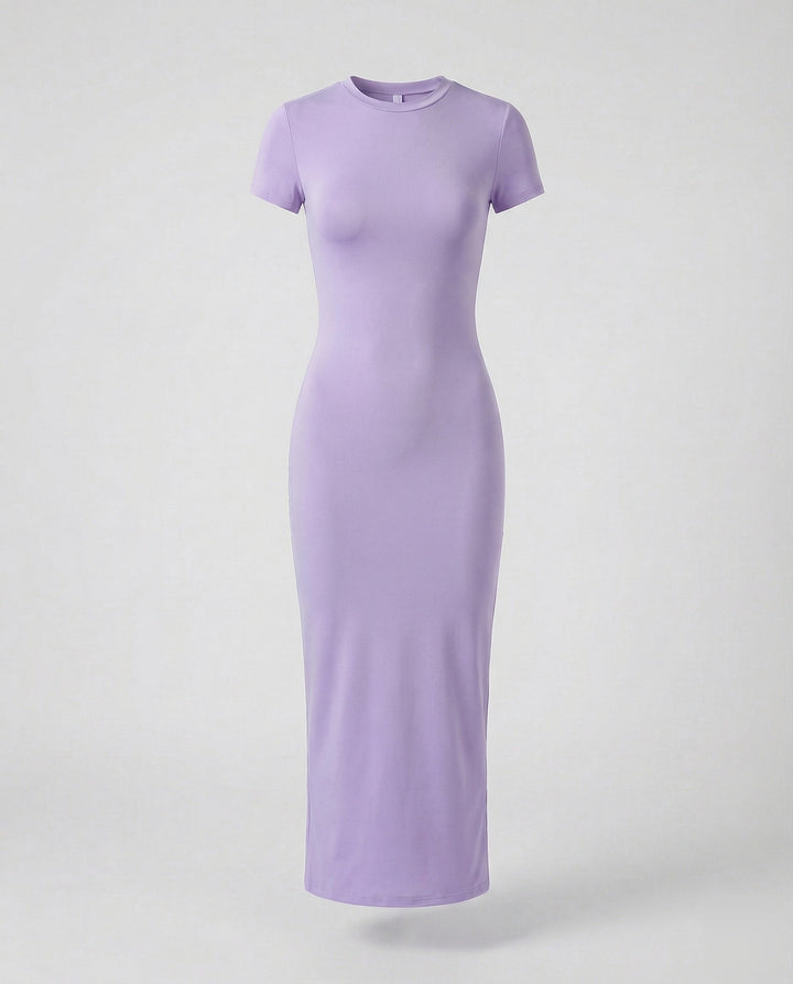 Fashion-forward women's sleek bodycon maxi dress, crew neck, short sleeve, perfect for a modern wardrobe.