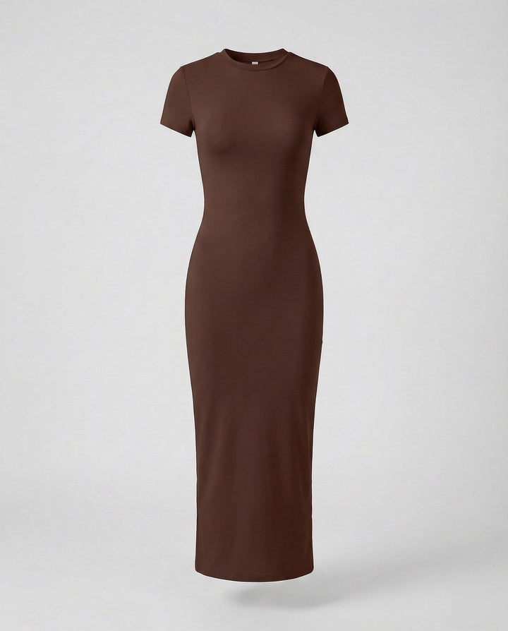 Women's sleek crew neck short sleeve bodycon maxi dress. Elegant, fitted, and versatile for all women.