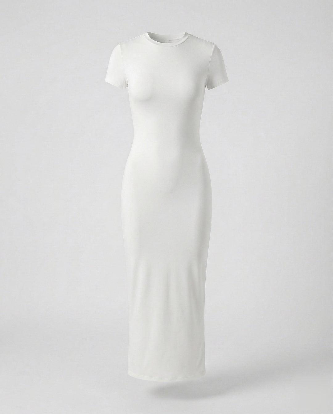 Full-length women's bodycon maxi dress with a sophisticated crew neck and short sleeves, very sleek.