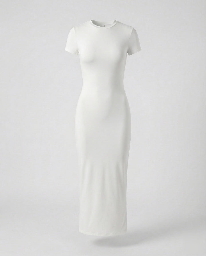 Full-length women's bodycon maxi dress with a sophisticated crew neck and short sleeves, very sleek.
