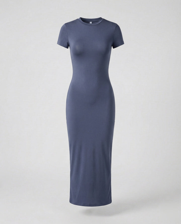 Sleek women's bodycon maxi dress with crew neck & short sleeves. Elegant, versatile fashion.