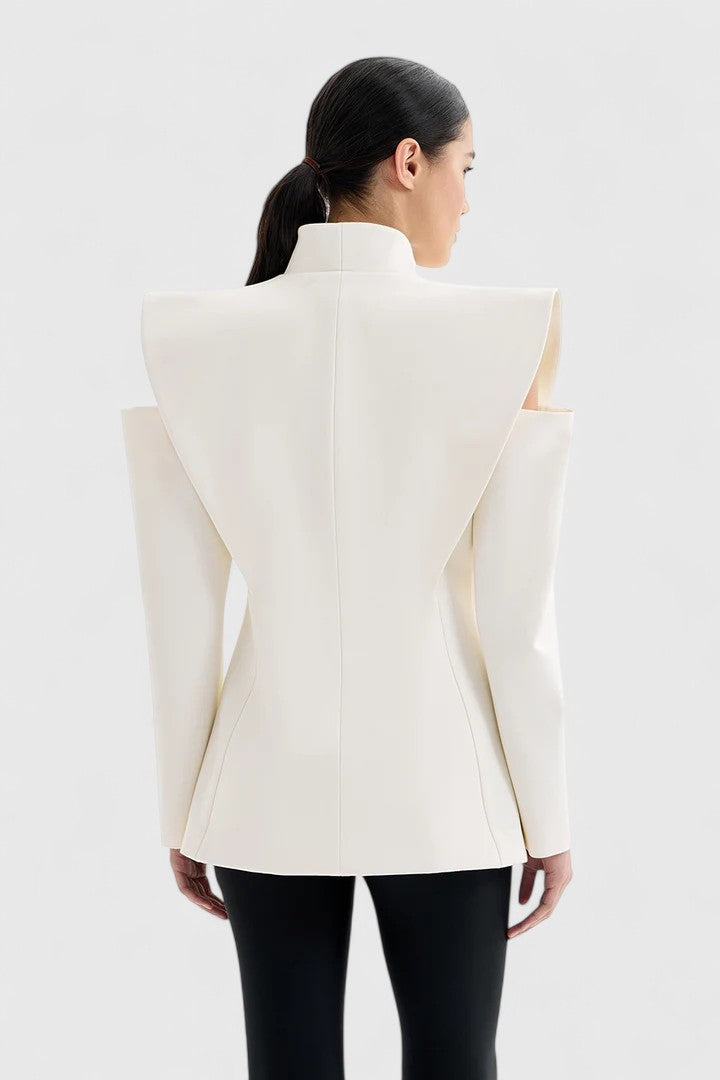 Women's ivory tailored blazer with structured shoulders, a sleek and elegant jacket for professional attire.