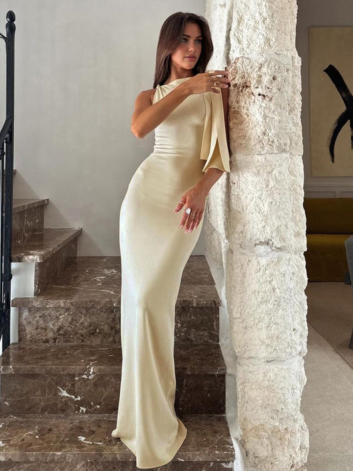 Elegant women's off-white satin maxi dress with a sleek design & chic knotted front, ideal for formal occasions.