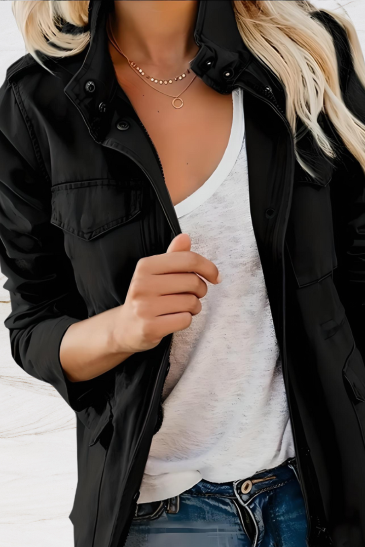 Women's sleek open front jacket in black, perfect for elegant layering. Versatile for office or casual wear.