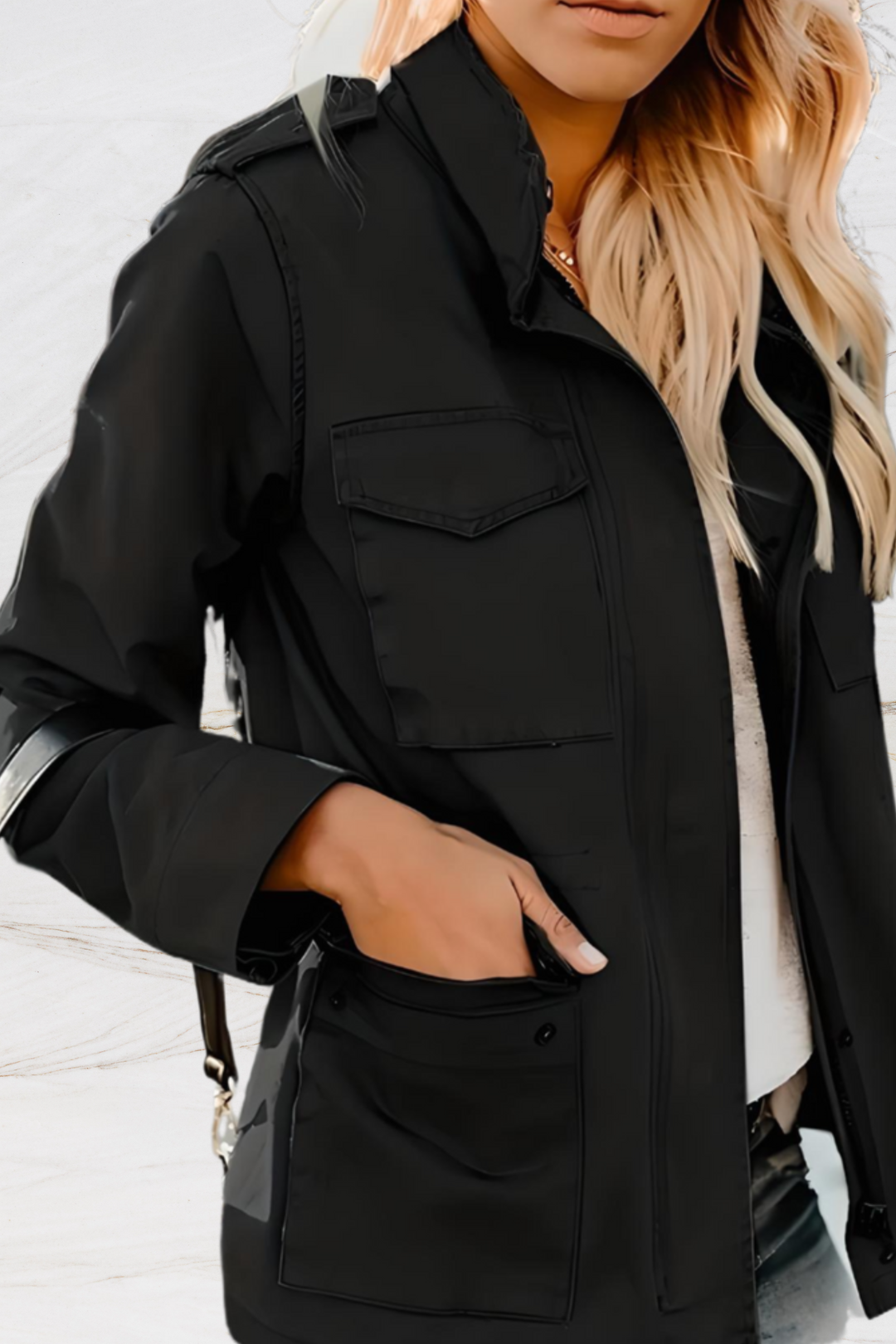 Chic khaki open front jacket for women. A sophisticated layering piece, ideal for all-season versatile fashion.