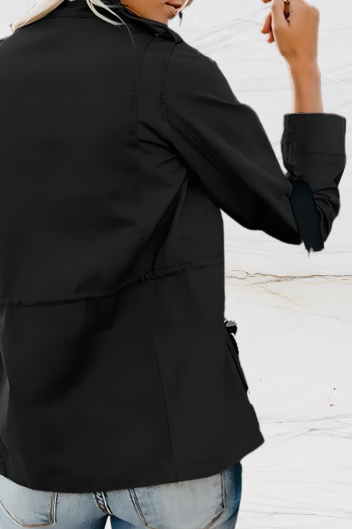 Elegant women's open front jacket, a stylish black outerwear piece for sophisticated office wear or casual outings.