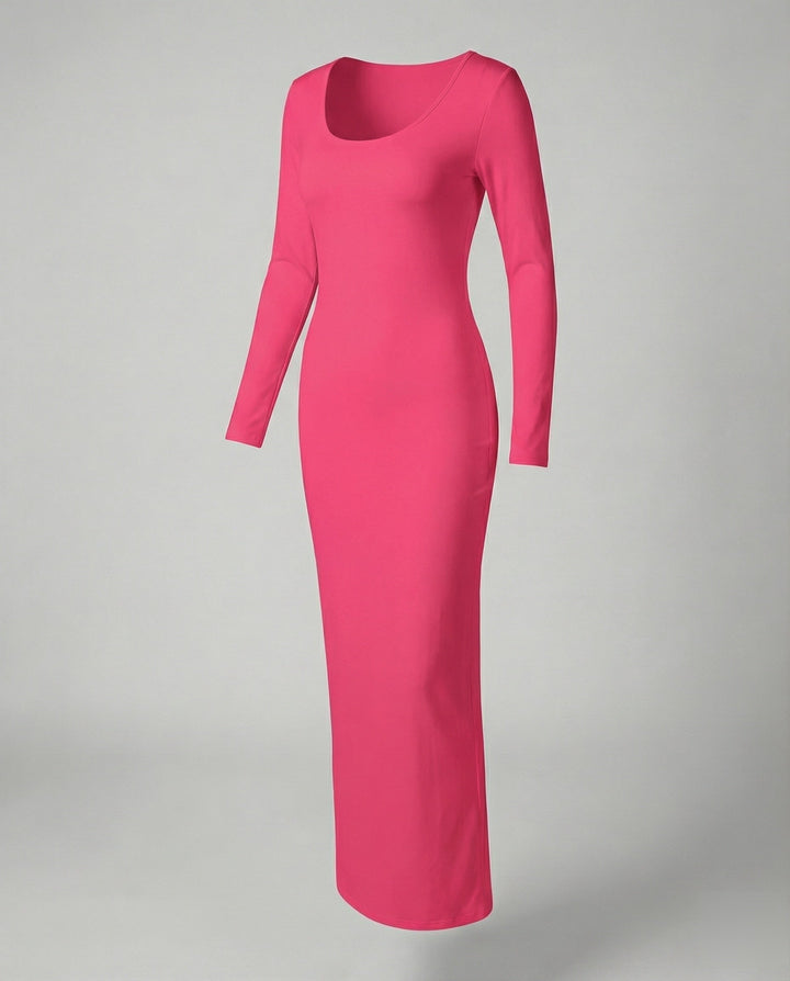 Women's figure-flattering scoop neck bodycon maxi dress with long sleeves, offering a sleek and fashionable silhouette.