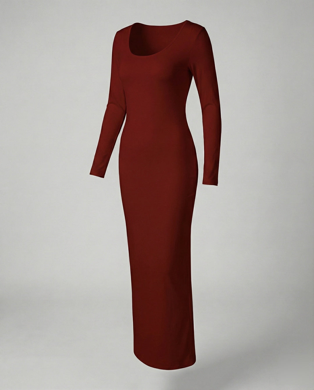 Comfortable women's bodycon long sleeve maxi dress, with a stylish scoop neck for a relaxed yet refined look.