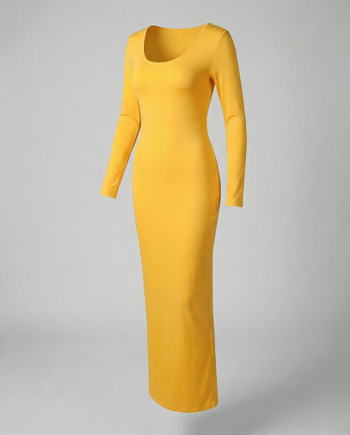 Women's fashionable long sleeve maxi dress, featuring a scoop neck and bodycon fit for a flattering and modern ensemble.
