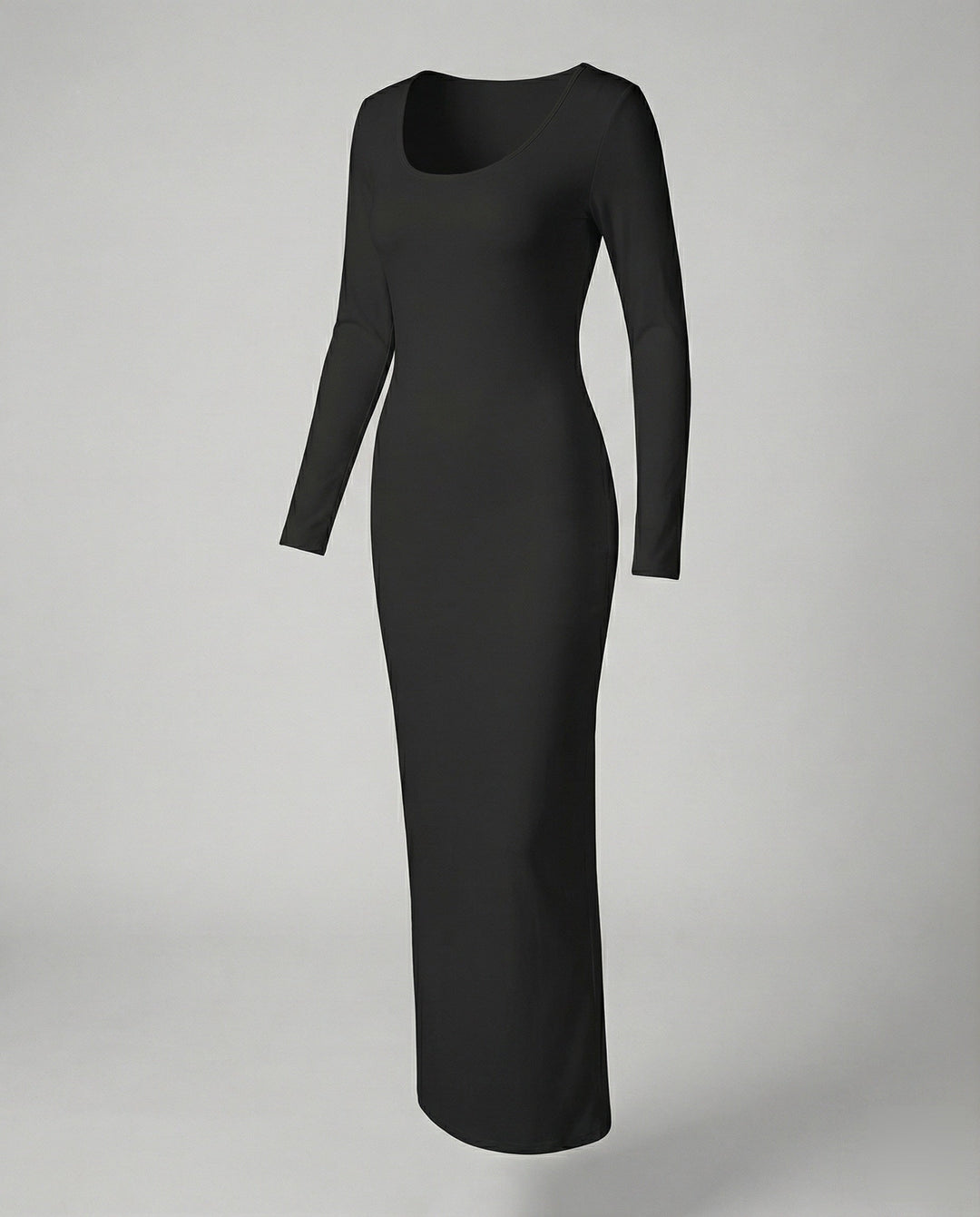 Versatile women's black long sleeve bodycon maxi dress, designed with a scoop neck for a comfortable, sleek fit.