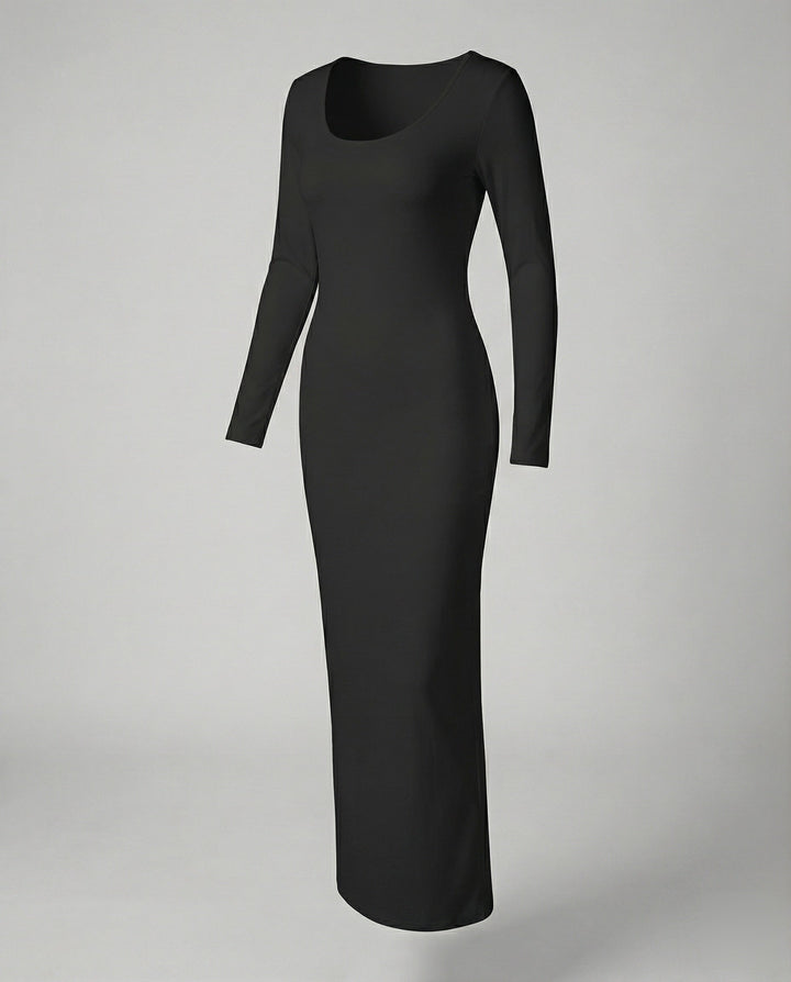 Versatile women's black long sleeve bodycon maxi dress, designed with a scoop neck for a comfortable, sleek fit.