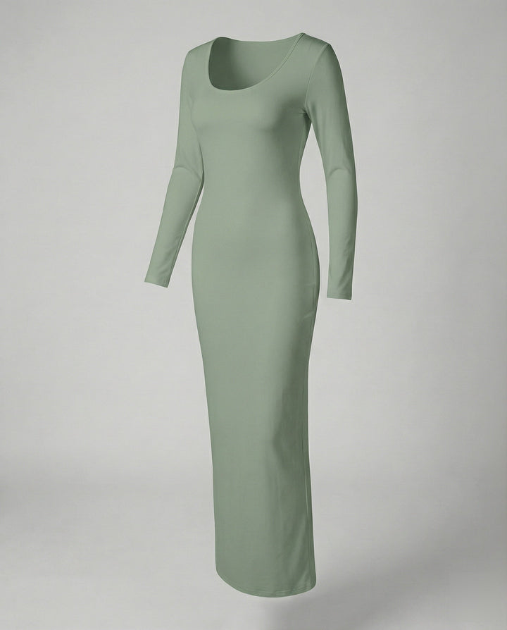 Black women's scoop neck long sleeve bodycon maxi dress, an essential for a sophisticated evening or sleek casual outfit.