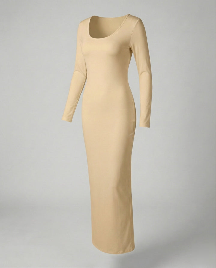 Stylish women's long sleeve bodycon maxi dress, featuring a classic scoop neck for timeless appeal and elegance.