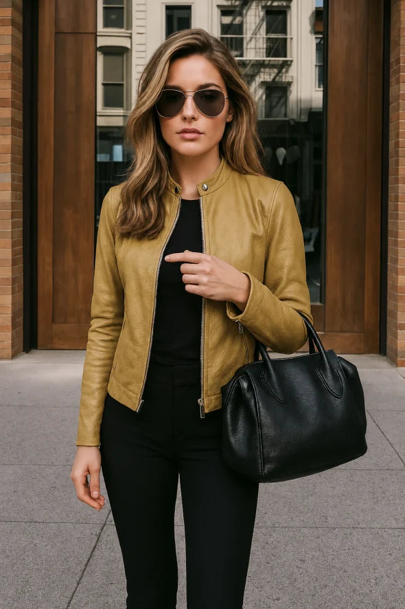 Fashionable slim fit women's jacket with a chic mandarin collar and convenient full zip front.