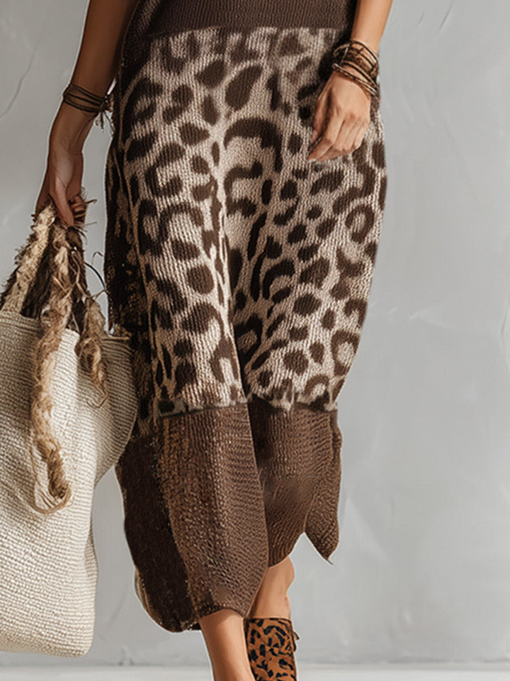 Brown women's sleeveless leopard print midi dress, showcasing a relaxed fit for a comfortable, chic, and trendy look.