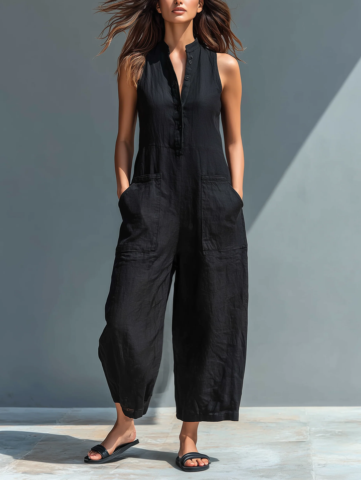 Women's sleeveless loose-fit button-up jumpsuit, perfect for casual summer wear or travel.