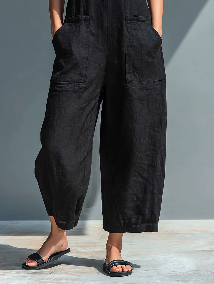 Stylish women's loose-fit sleeveless jumpsuit featuring a button-up front, great for spring/summer outfits.