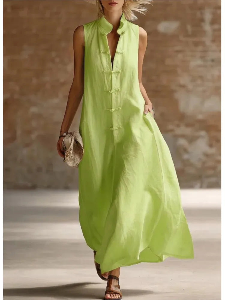 Casual chic women's sleeveless maxi shirt dress, a versatile piece for elegant summer and travel wear.